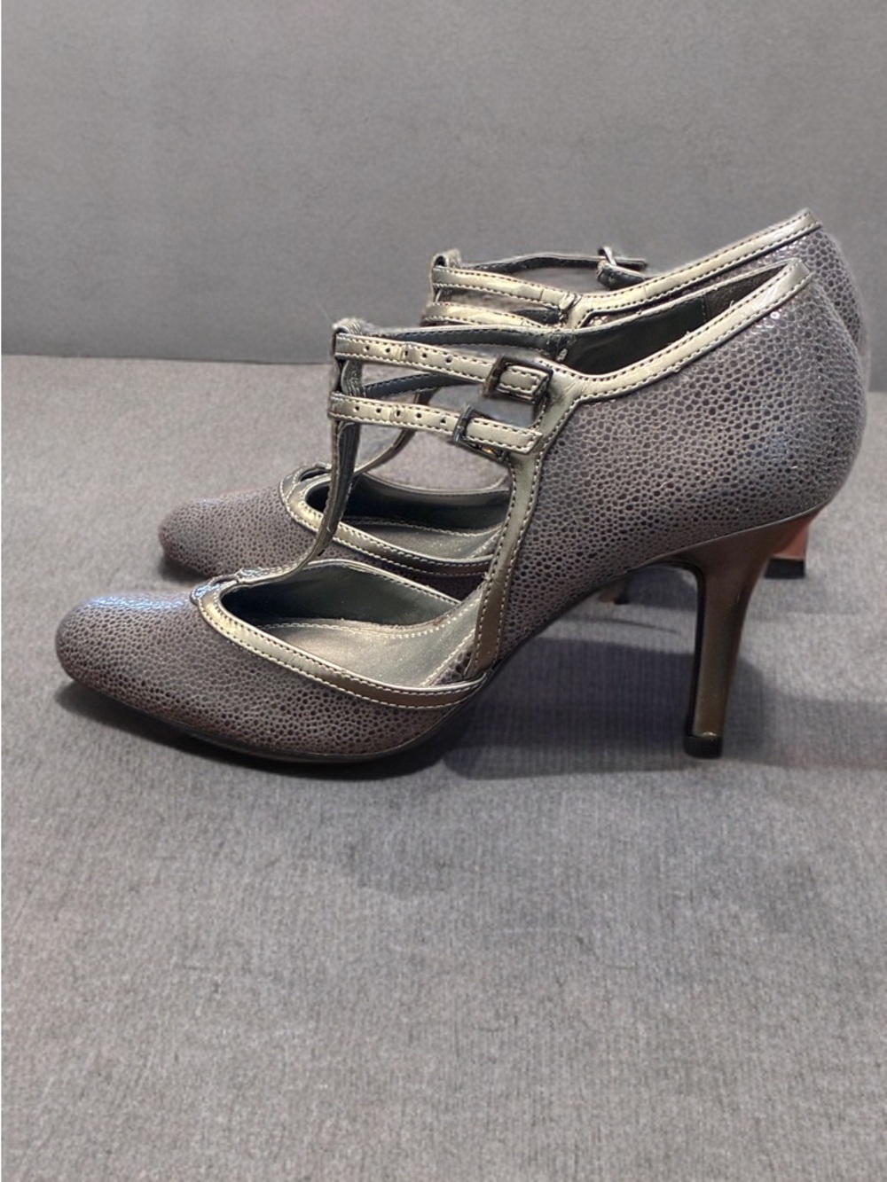 Impo Metallic Gray T-Strap Heels